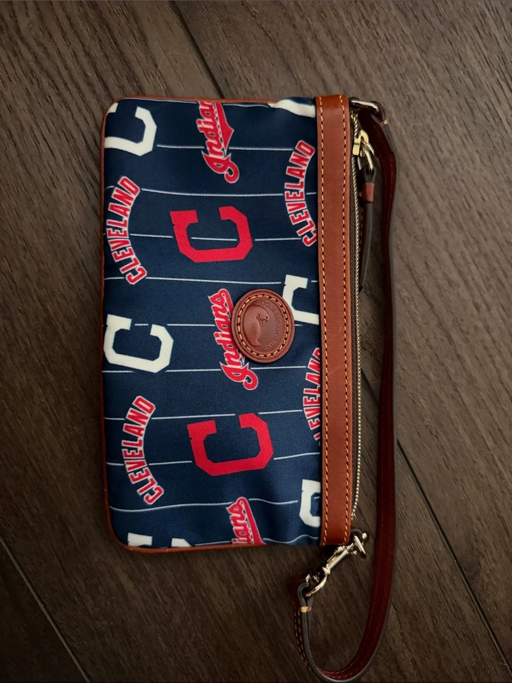 Dooney & Bourke Navy Red White Cleveland Logo Wristlet with Brown Trim